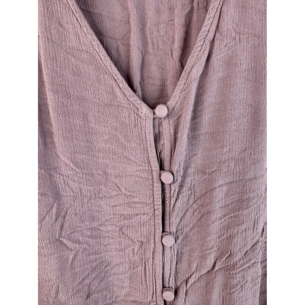 Reitmans long sleeve smocked flowy purple pink Mauve Button-Front Gauze Blouse - Picture 5 of 10